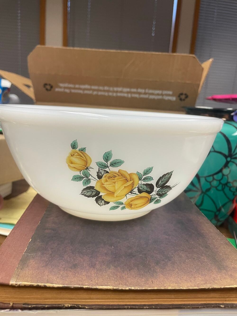 Vintage Phoenix Opalware Yellow Rose Mixing Bowl 9” Made in England MCM